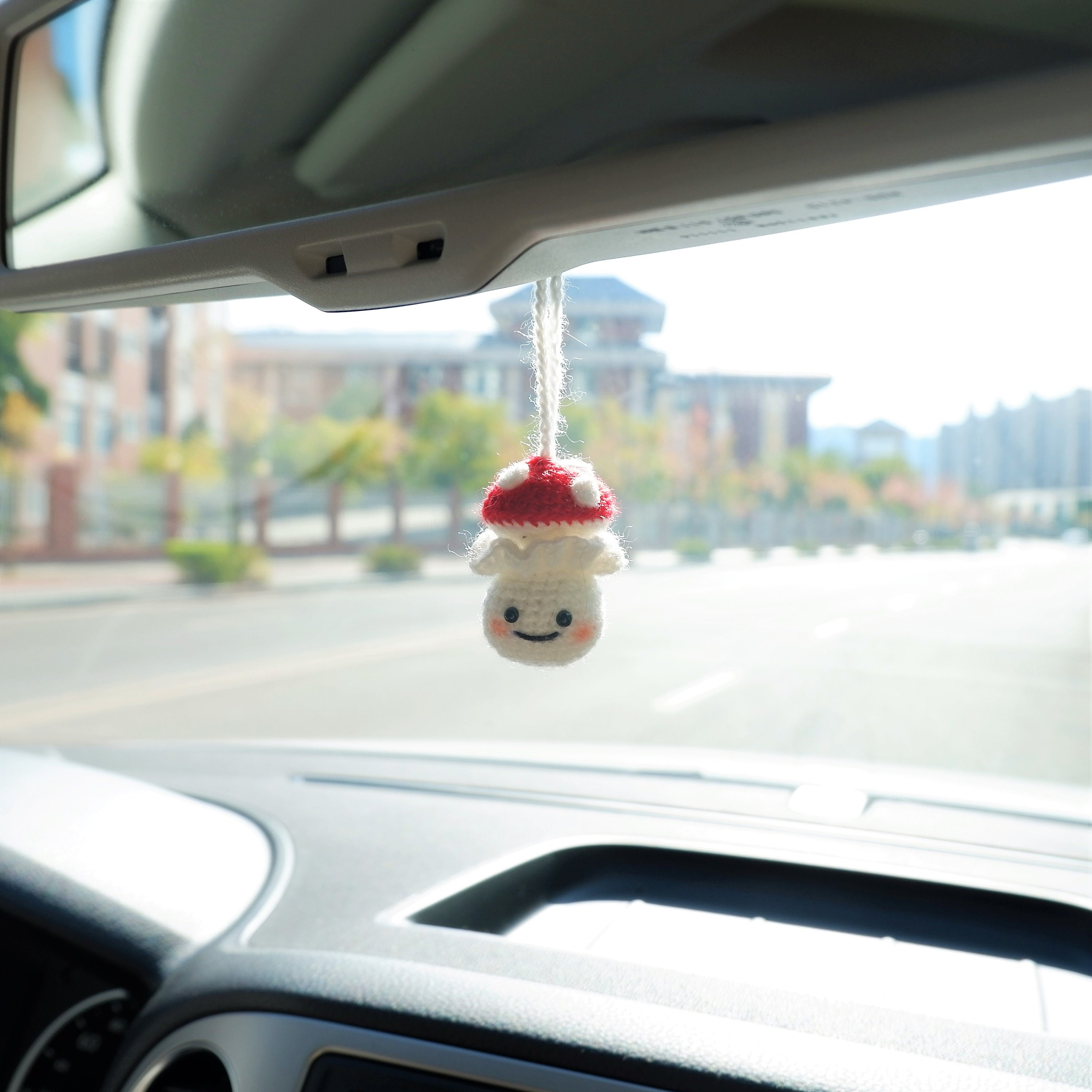 Crochet Mushroom Car Mirror Hanging Accessory, Cute Milk Bottle Smiley  Mushroom Doll Car Rear View Mirror Accessory, Car Accessory for Women 