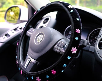 Pink Flower Embroidered Steering Wheel Cover, Elastic Steering Wheel Cover, Boho Steering Wheel Cover for Women, Cute Steering Wheel Cover