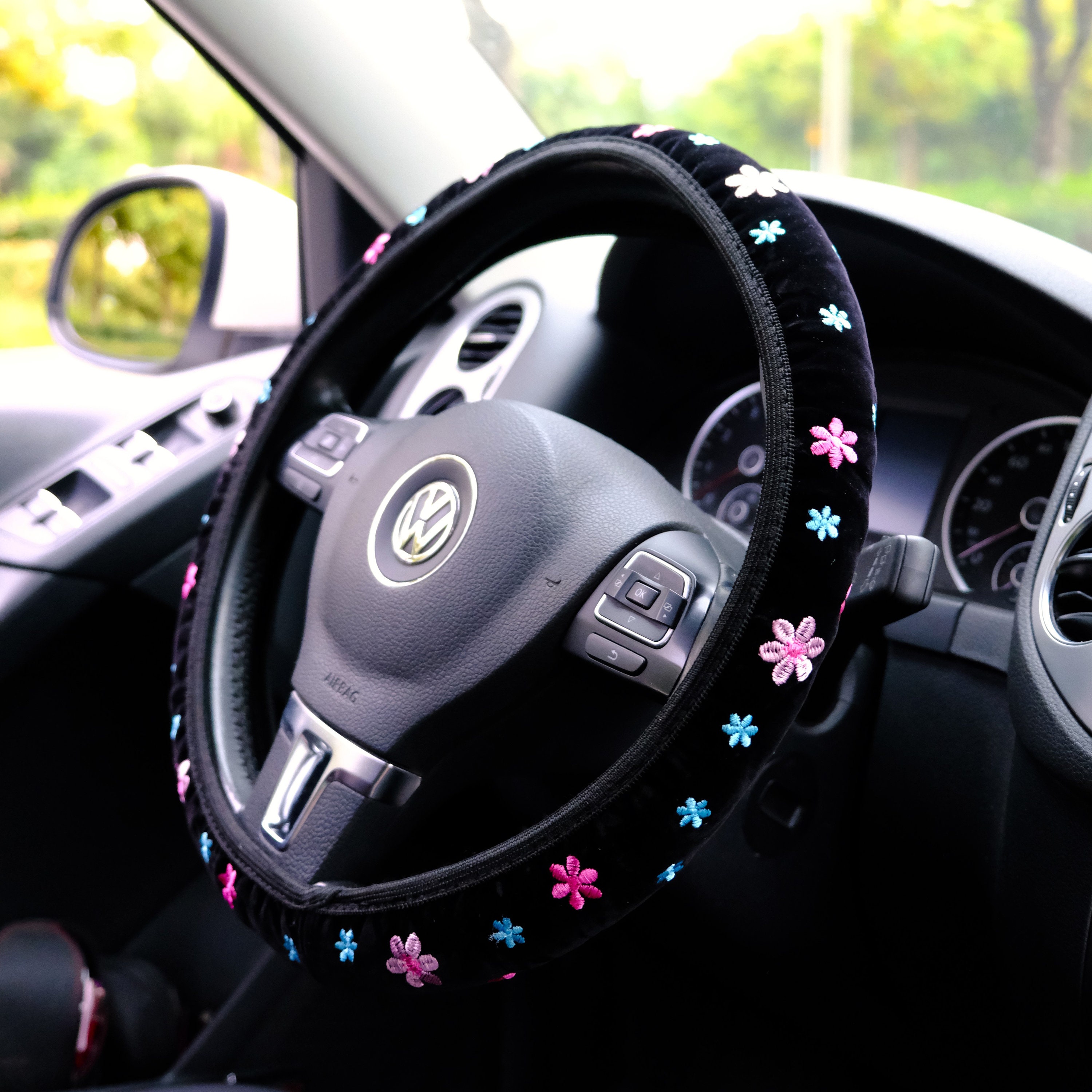 Baby Blue Car Accessories for Women Interior Steering Wheel Cover Bling  Rhinestone Pink White with Diamonds Fuzzy 15'' Fits Most