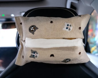 Handmade Cat Head Car Tissue Box Cover, Embroidery Kitten Car Tissue Holder, Cute Car Accessories for Women/Teens, Anime Car Interior Decor
