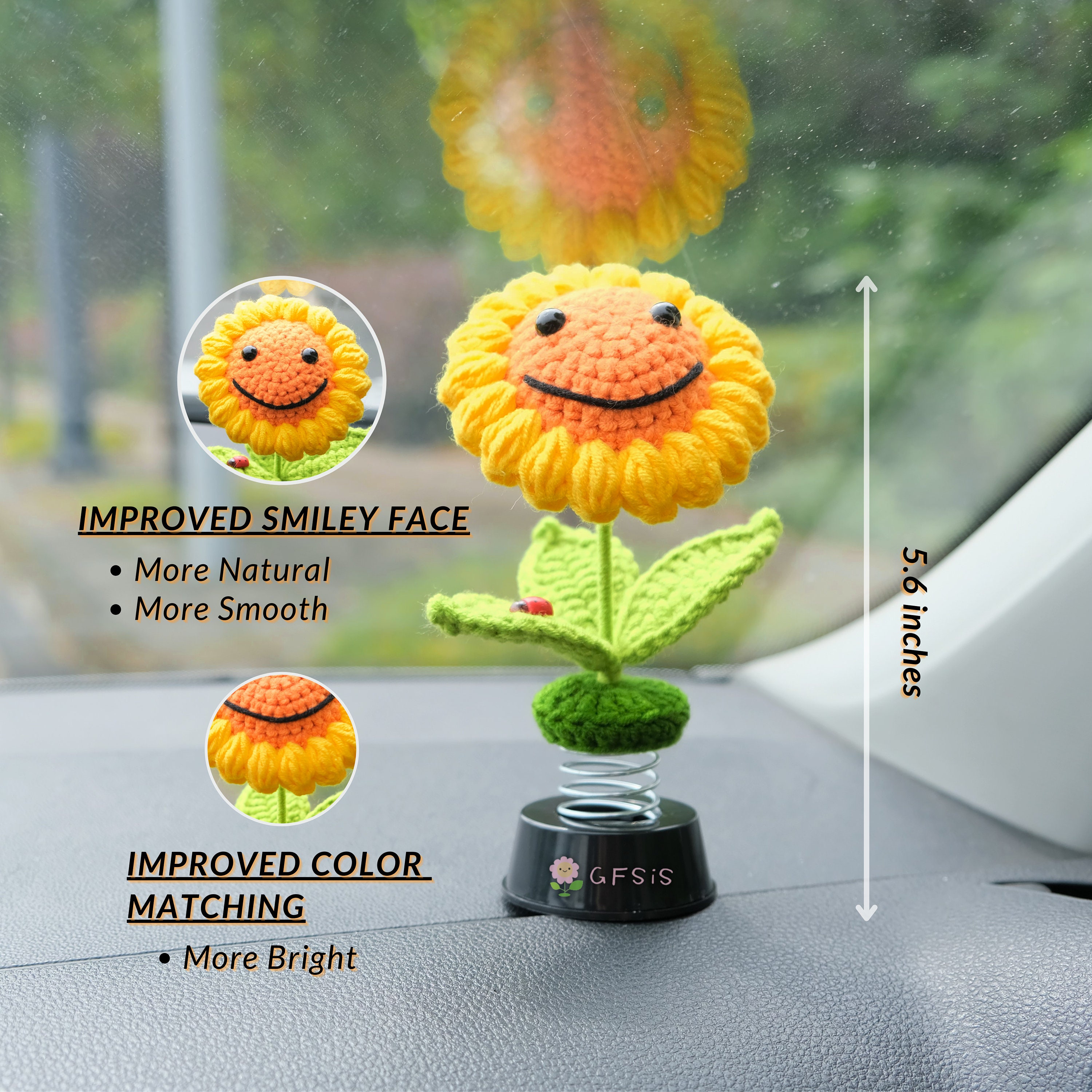 Crochet Sunflower Car Dashboard Bobblehead, Smiley Flower Car