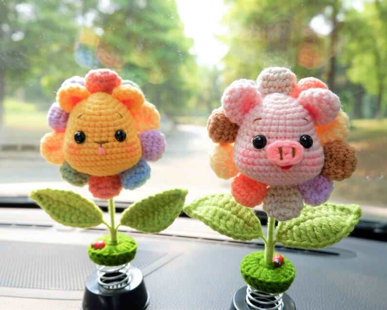 Cute Bobblehead Animals Car Dashboard Decor Crochet Rainbow Etsy