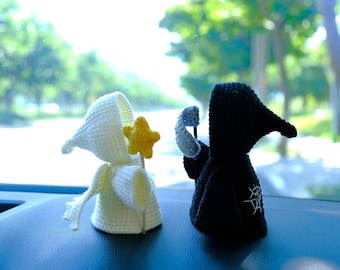 Accesorios de ganchillo para el salpicadero del coche, adorno de ángel y parca, decoración de brujas para el interior del coche, decoración de escritorio de terror