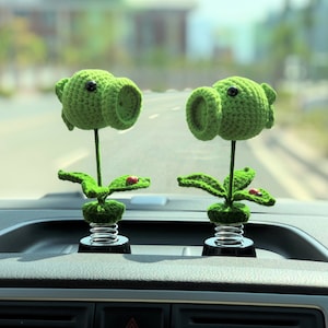 Crochet Pea Shooter Bobblehead Car Accessories, Car Plant Dashboard Decor, Cute Car Interior Accessory for Women/Teens, Car Air Freshener