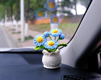 Crochet Daisy Car Accessory, White/Blue Daisy Potted Plant Car Dashboard Decor, Boho Car Interior Accessory for Women, Mothers Day Gift