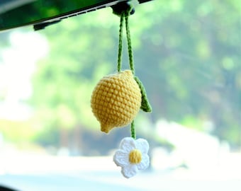 Crochet Lemon & Daisy Car Mirror Hanging Accessories, Cute Fruit Car Rear View Mirror Charm, Cute Car Interior Accessories for Women/Teens