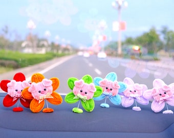 3pcs Chenille Piggy Flower Car Accessory, Cute Rainbow Flower Bobblehead Car Dashboard Decor, Cute Car Accessories Interior, Christmas Gift