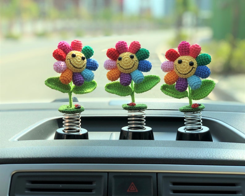 Rainbow Sunflower Bobblehead Car Dashboard Decor Crochet Etsy