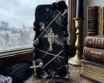 Decoden Phone Case Gothic, Black Baroque Phone Case, Cross Rose Chain Custom 3D Phone Case for iPhone 11/12/13/14/15/16/17 Pro Max, Samsung