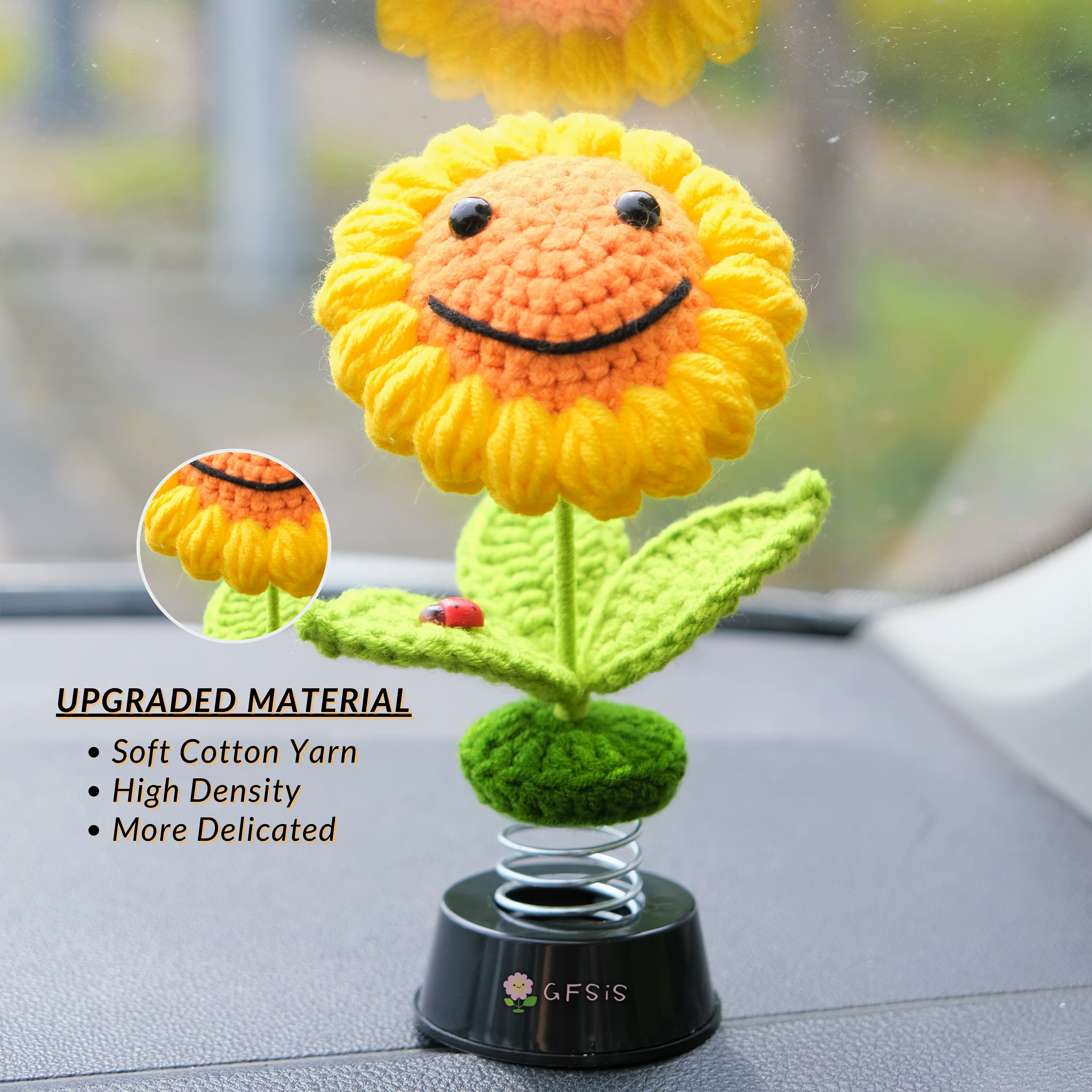 Crochet Sunflower Car Dashboard Bobblehead, Smiley Flower Car