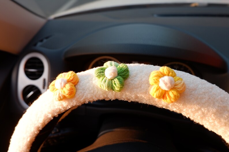 Crochet Floral Fuzzy Steering Wheel Cover, Steering Wheel Cover for Women, Cute Girly Car Accessories for Women image 7