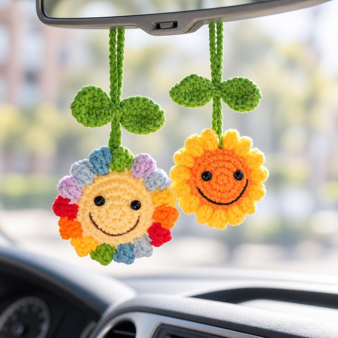 Smiley Crochet Sunflower Rear View Mirror Charm, Car Mirror