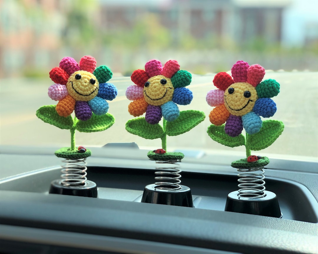Rainbow Sunflower Bobblehead Car Dashboard Decor Crochet Etsy