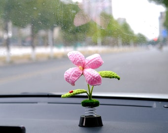 Crochet Pink Flower Bobblehead Car Decor, Wobbly Spring Dashboard