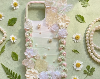 Custom Decoden Phone Case, Sage Green Pink Pearl Phone Case, Baroque 3D Butterfly Rose Phone Case for iPhone 11/12/13/14/15/16/17, Samsung