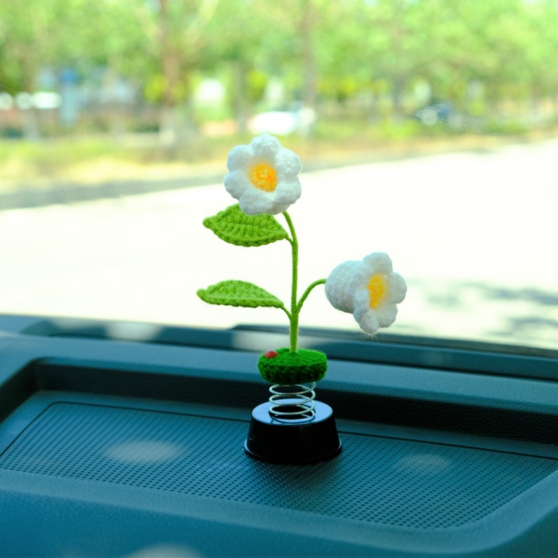 Crochet Lily of the Valley Car Dashboard Decor, Lily Flower Bobblehead Car Interior Accessory, Car Accessory for Women, Car Air Freshner image 1
