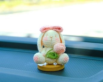 Crochet Bunny Car Dashboard Decor: Handmade Kawaii Car Interior Accessories for Women/Girls