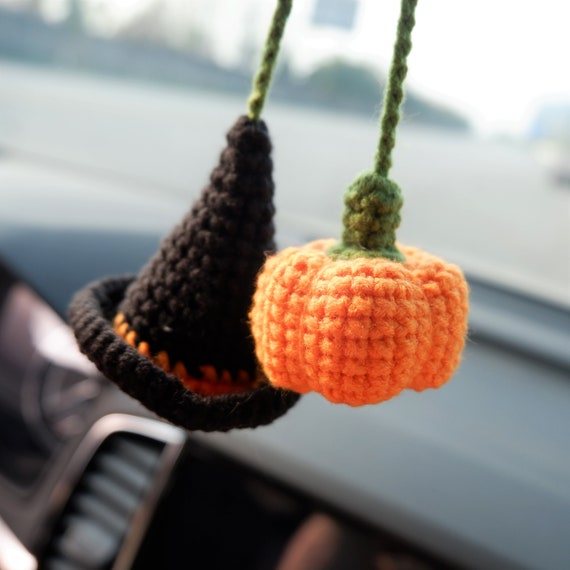 Crochet Pumpkin & Wizard Hat Car Mirror Hanging Accessory, Witchy