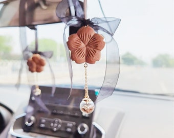 Car Air Freshener Hanging, Wooden Sakura with Pendant Rear View Mirror Accessory, Cute Car Accessory Interior, Boho Car Accessory for Women