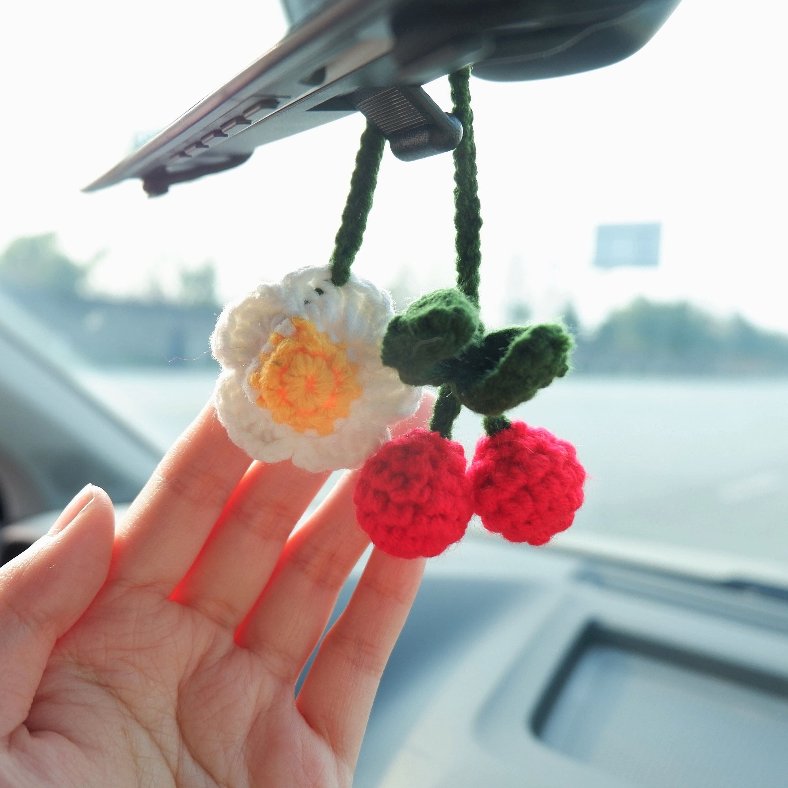 Crochet Cherry & Daisy Car Mirror Hanging Accessories Cute Etsy