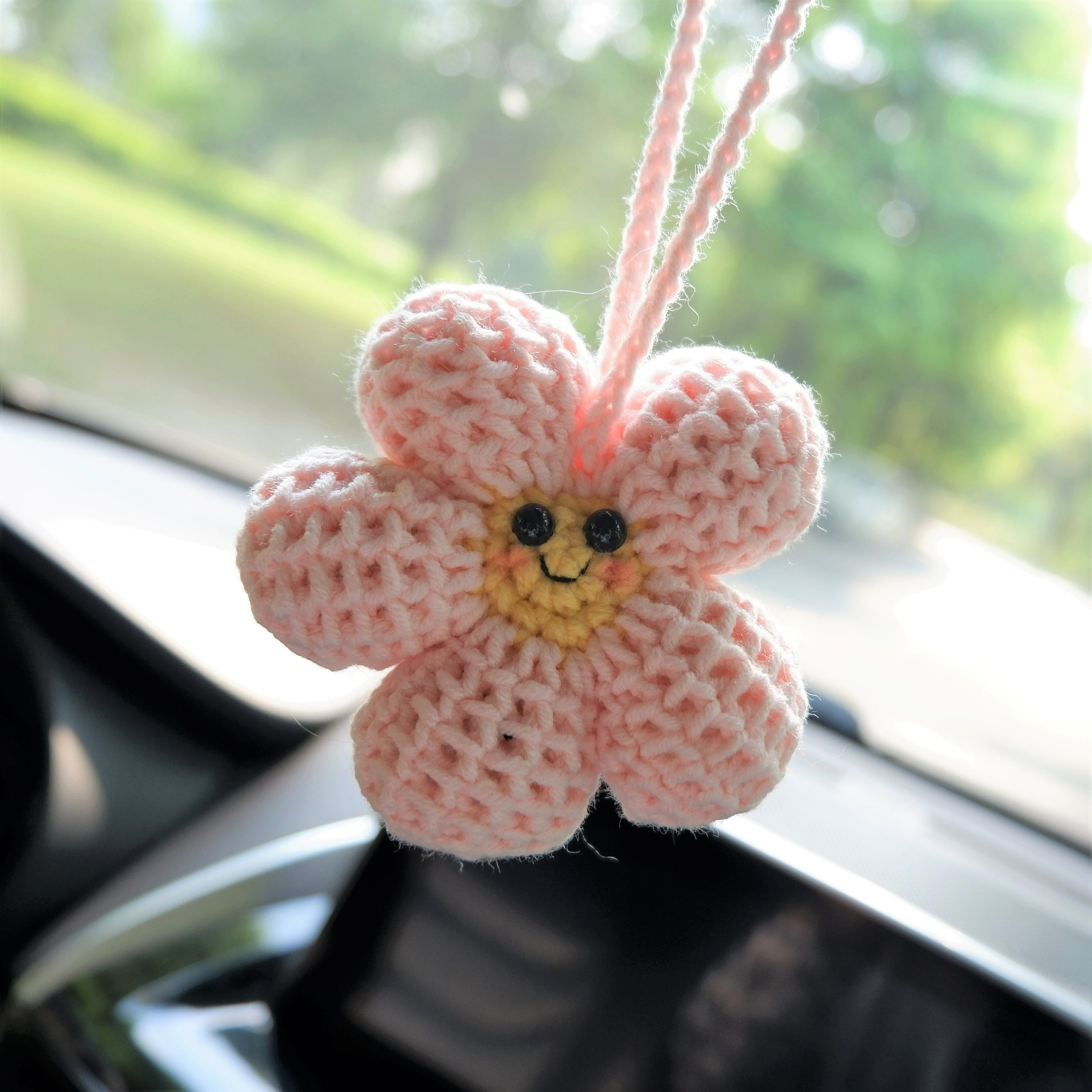 Kawaii Waffle Flower Car Mirror Hanging Accessories, Crochet