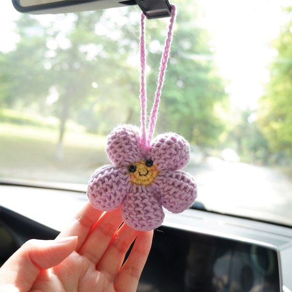 2pcs Waffle Flower Car Mirror Hanging Accessories, Crochet Rainbow Flower  Car Rear View Mirror Accessories, Car Interior Accessory for Women 