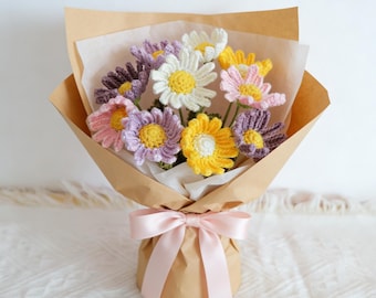 Crochet Gerbera Daisy Flower Bouquet, Rainbow Daisy Bunch, Floral Arrangement, Artificial Flower, Desk Decor, Housewarming Gift, Home Decor