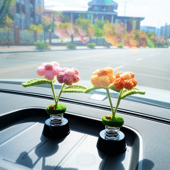 Crochet Fluffy Flower Car Dashboard Decor, Bobblehead Rainbow