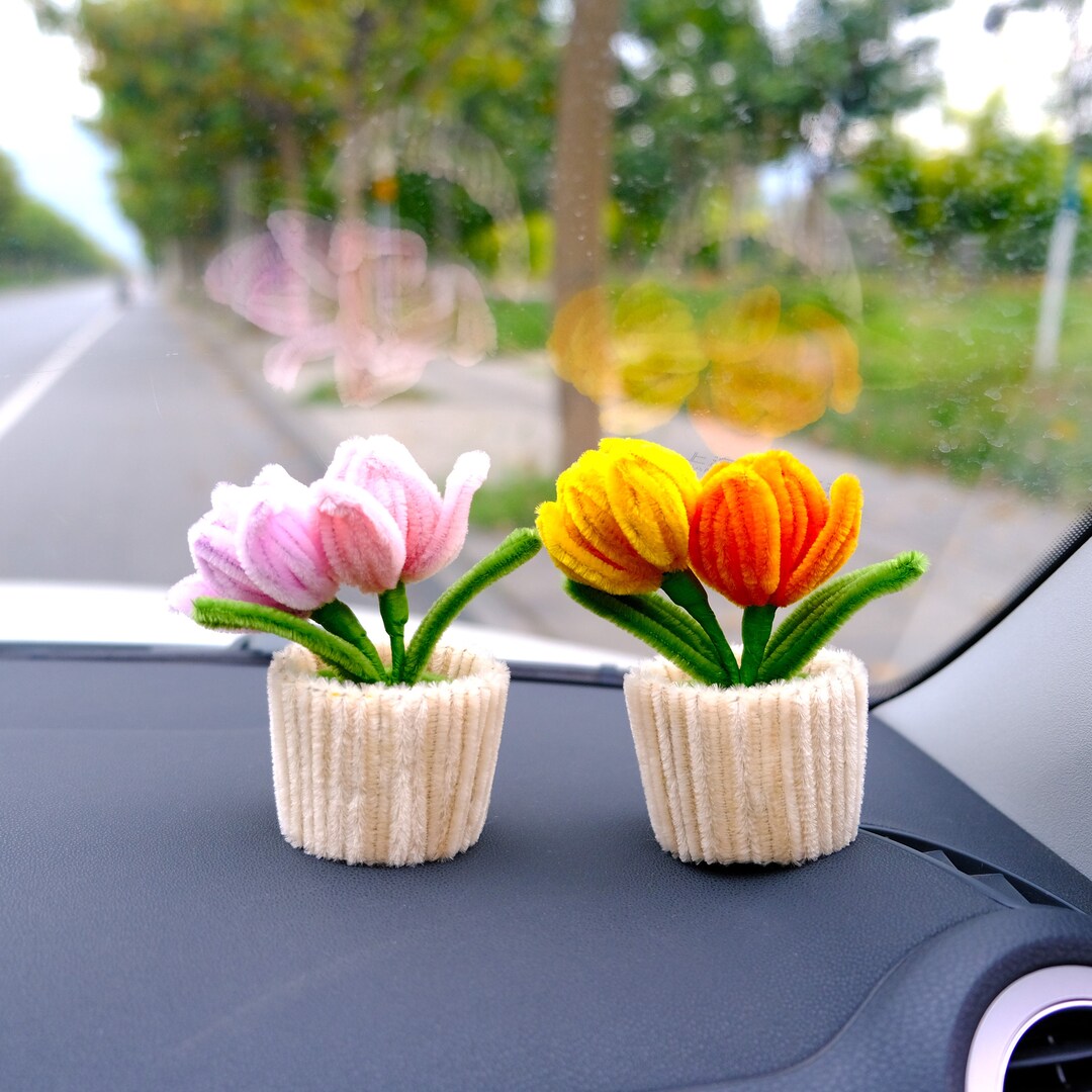 Chenille Tulip Car Dashboard Decor Bobblehead Tulip Potted Etsy