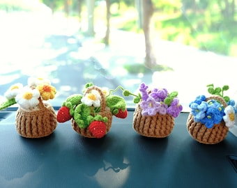 Crochet Flower Car Dashboard Decor: Strawberry, Daisy, Forget Me Not Basket