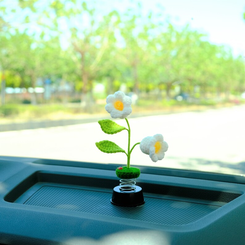 Crochet Lily of the Valley Car Dashboard Decor, Lily Flower Bobblehead Car Interior Accessory, Car Accessory for Women, Car Air Freshner image 3