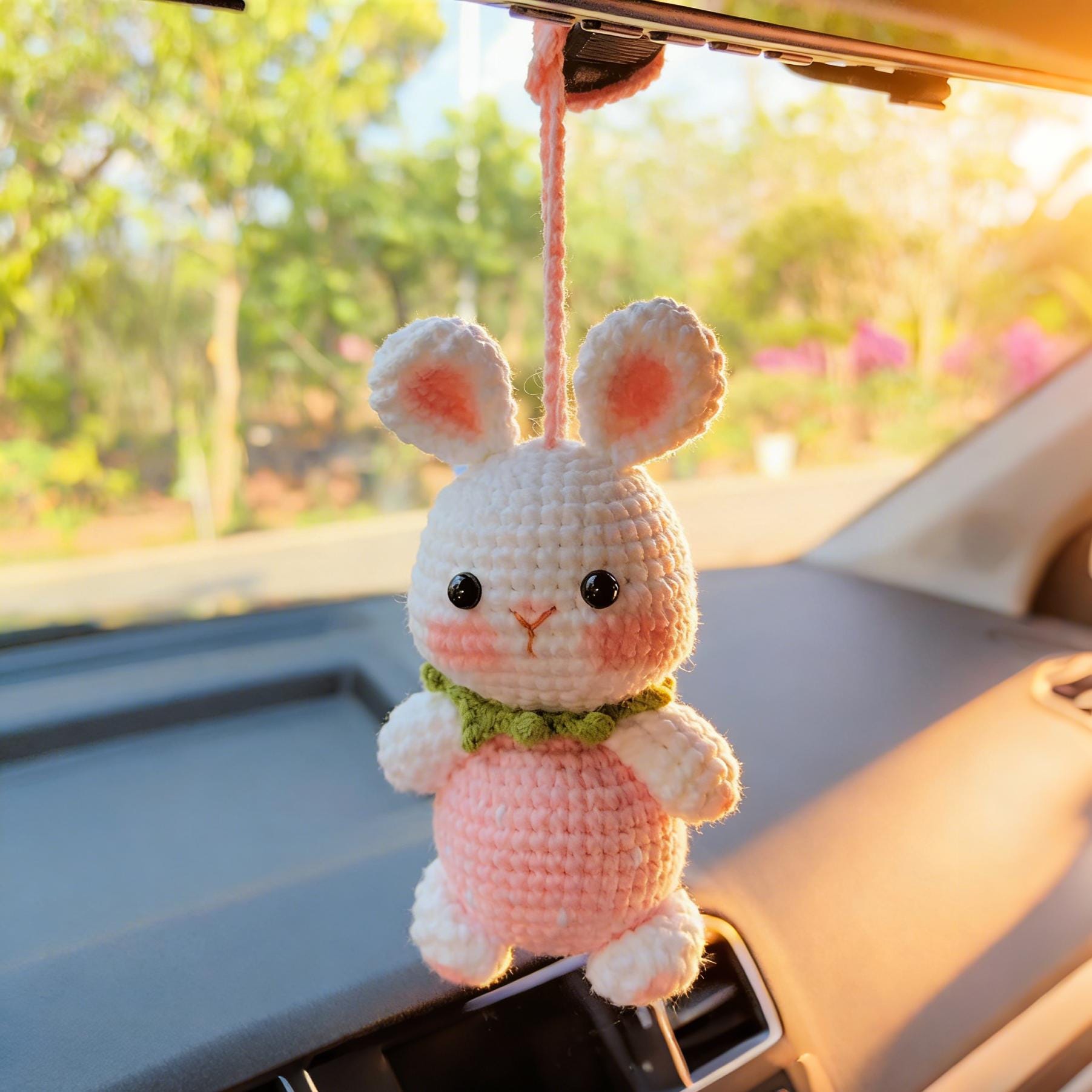 スマホアクセサリー rabbit_xxx Strawberry Bunny Car Mirror Hanging Accessories, Crochet Bunny Car