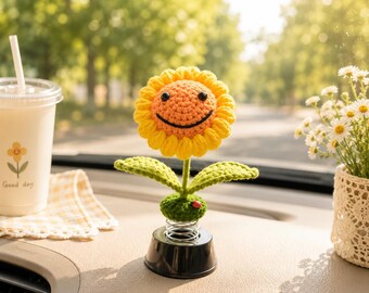 Crochet Sunflower Car Dashboard Bobblehead, Smiley Flower Car