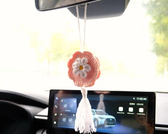 Crochet Daisy Car Mirror Hanging Accessory with Tassel, Pink Flower Rear View Mirror Accessory, Boho Car Interior Accessories for Women/Teen