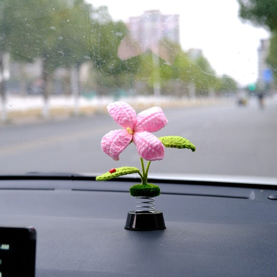 Crochet Pink Flower Bobblehead Car Decor, Wobbly Spring Dashboard