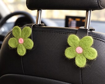 Set of 2 Wool Felt Flower Car Headrest Hooks, Purse Hangers in