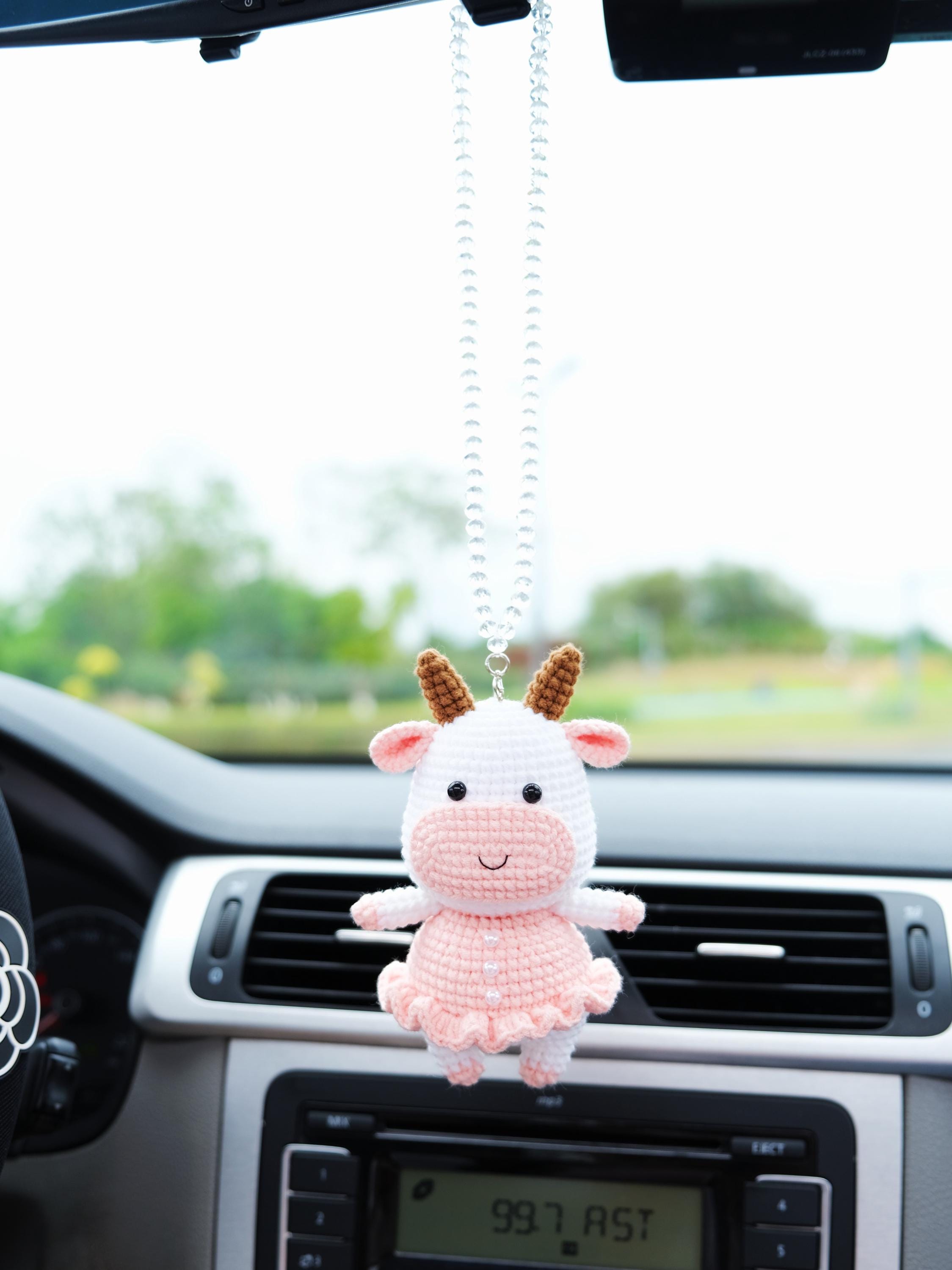 Crochet Cow Car Mirror Hanging Accessory, Cute Smiley Cow Car Rear