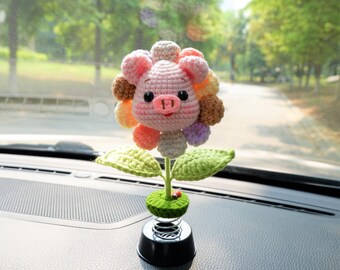 Décorations de voiture au crochet – Décorations de tableau de bord de voiture, décoration de voiture au crochet | Crochet tournesol grenouille canard Bobblehead décorations de voiture, accessoires de