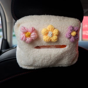 Crochet Fluffy Flower Car Tissue Box, Berber Fleece/Sherpa Car Tissue Box Holder, Cute Pastel Flower Tissue Cover, Interior Car Accessories