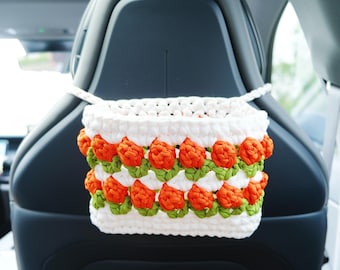 Crochet Car Basket, Tulip Car Headrest Basket, Car Seat Organizer, Car Tissue Box Holder, Car Trash Bag, Boho Car Accessories for Women
