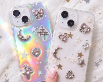 Moon Stars Phone Case, Bling Holographic Resin Phone Case, Cute Y2K Girly Phone Case for iPhone 12/13/14/15/16/17/18 Pro Max, Samsung Galaxy
