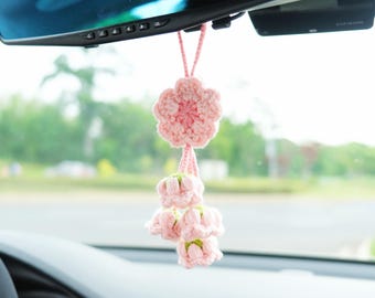 Crochet Sakura Car Mirror Hanging Accessory, Cherry Blossom & Lily