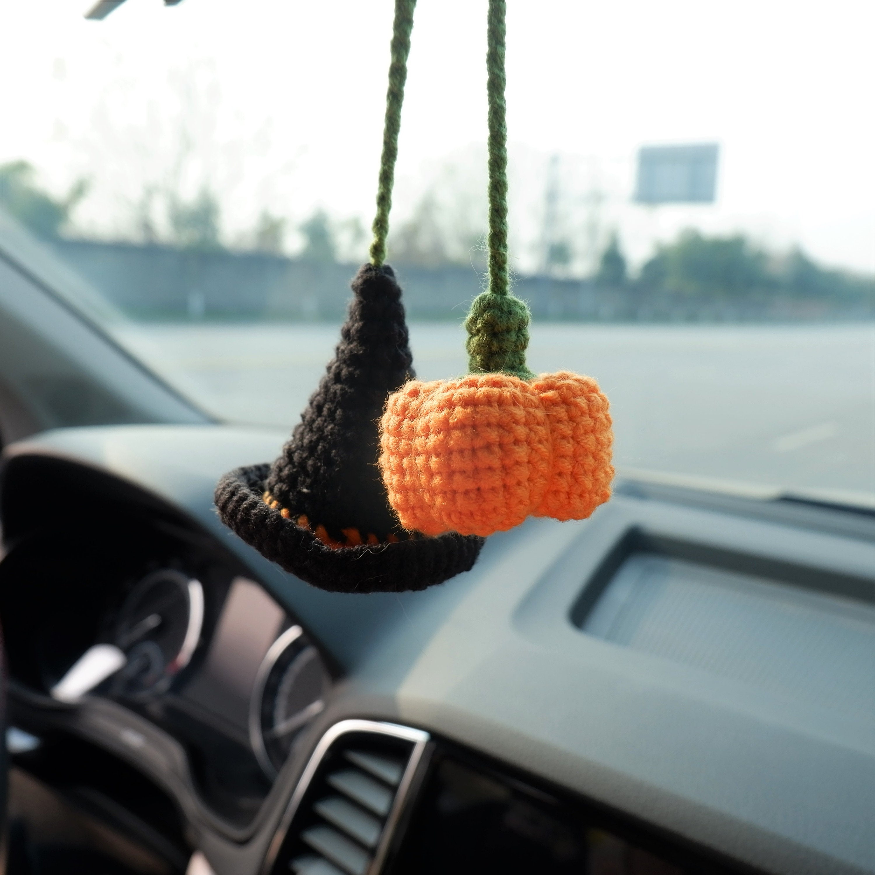 Crochet Pumpkin & Wizard Hat Car Mirror Hanging Accessory, Witchy