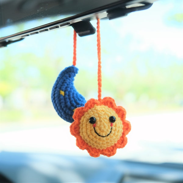 Crochet Smiley Face Sun & Moon Car Hanging Accessory, Cute Car Rear Mirror Accessory, Boho Interior Car Accessory for Women, Graduation gift