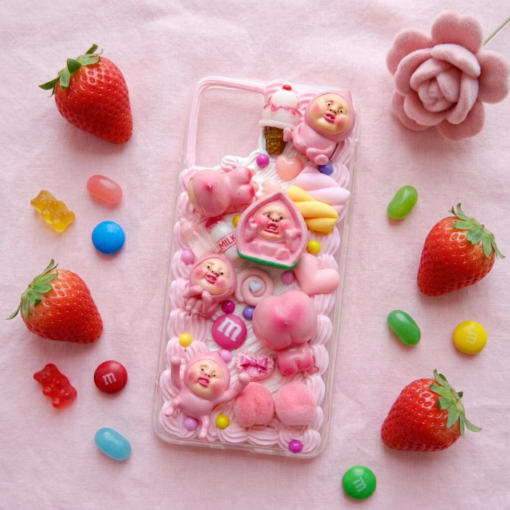 【新品】3D ドーパミン風フルーツデザイン ソフトフォンケース ベビーピンク デコデンスマホケース、コビトドゥカンスマホケース、かわいい3Dアニメ