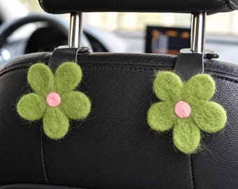 Set of 2 Wool Felt Flower Car Headrest Hooks, Purse Hangers in Five Colors, Car Organizer