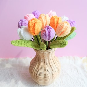 Crochet Tulip Flower Bouquet, Rainbow Tulip Flower Bunch, Crochet Floral Arrangements, Knitted Everlasting Flower, Office Desk Decor