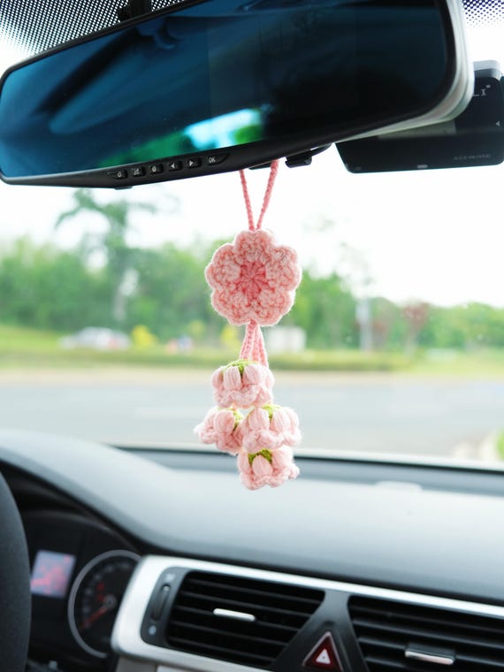 Crochet Sakura Car Mirror Hanging Accessory, Cherry Blossom & Lily