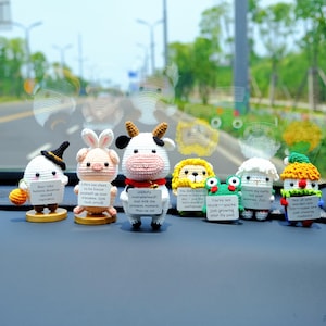 Custom Emotional Support Cow Car Dashboard Decor, Cute Crochet Positive Cow Car Dashboard Accessory, Car Interior Accessory for Women/Teens
