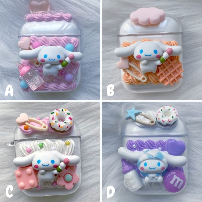May include: Four different Airpod cases decorated with a white cartoon dog, various pastel colors, and different embellishments. The cases are labeled A, B, C, and D.